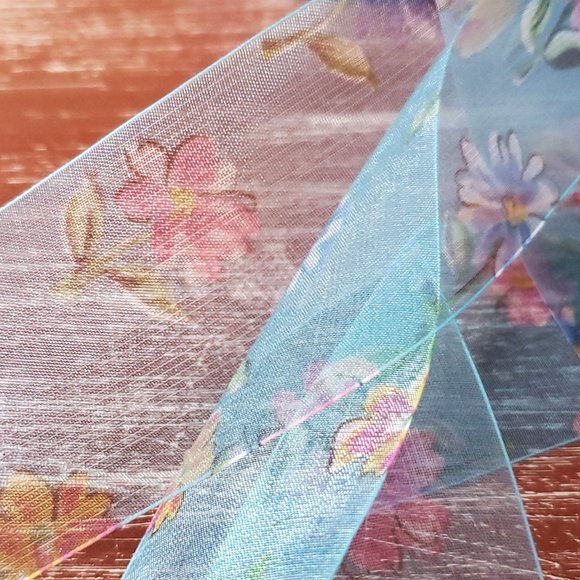 Organza Ribbon - Blue Floral Sheer - 13 yards x 1 1/2\